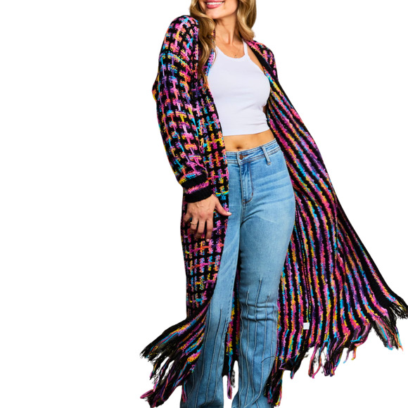 Angel Wings Full Size Multicolored Open Front Fringe Hem Cardigan-Size Large - Picture 4 of 9